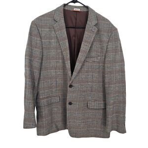 Crown & Ivy Brown Blue Plaid Cotton Two Button Elbow Patch Blazer Jacket Men 46R